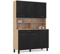 IDMarket - Buffet de cuisine 120 CM CINA 6 portes + tiroir façon hêtre et noir
