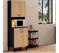 Buffet de cuisine 60 cm cina 2 portes + tiroir noir et façon hêtre