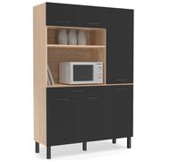 Buffet De Cuisine Avec Colonne De Rangement 120 Cm Cina 6 Portes + Tiroir Façon Hêtre Et Noir Noir