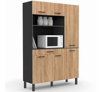 IDMarket - Buffet de cuisine avec colonne de rangement 120 CM CINA 6 portes + tiroir noir et façon hêtre