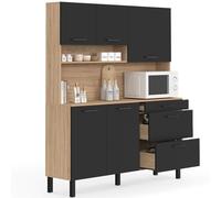 IDMarket - Buffet de Cuisine casserolier 140 CM CINA 5 Portes + 3 tiroirs façon hêtre et Noir