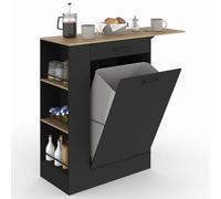 IDMarket - Buffet de Cuisine Compact 90 cm TIBO Bois et Noir | Avec espace poubelle, tablette rabattable, 1 tiroir et 3 étagères latérales