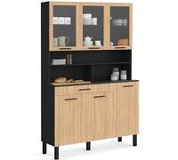 Buffet De Cuisine Vitré 120 Cm Cina 6 Portes + Tiroir Noir Et Façon Hêtre Noir