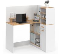 IDMarket - Bureau d'angle Charles avec 1 porte, compartiments et un tiroir, avec support d'écran en blanc et aspect bois de hêtre