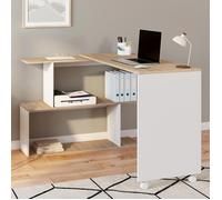 IDMarket – Bureau d'angle Joy Rotatif 180° avec étagère forme S Bois façon hêtre/Blanc
