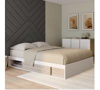 IDMarket - Cadre de lit Double Salem avec rangements et sommier 140 x 190 cm Blanc et façon hêtre
