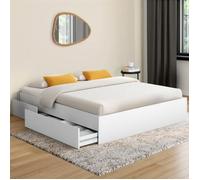 Cadre De Lit Double Tomi 4 Tiroirs Avec Sommier 140 X 190 Cm Blanc Blanc