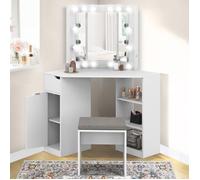 IDMarket – Coiffeuse d'angle ZELIA blanche – 3 miroirs LED, 3 étagères, tiroir, caisson & tabouret
