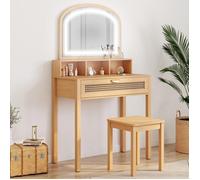 IDMarket Coiffeuse EDHEN – miroir LED, 1 tiroir, 3 niches et tabouret effet cannage naturel et bois