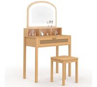 IDMarket Coiffeuse EDHEN – miroir LED, 1 tiroir, 3 niches et tabouret effet cannage naturel et bois