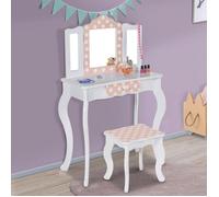 IDMarket - Coiffeuse enfant Roza - 3 miroirs, tabouret blanc - Blanche et rose