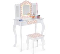 IDMarket - Coiffeuse Enfant Roza LED Blanche et Rose avec 3 miroirs et Tabouret