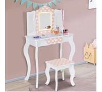 IDMarket - Coiffeuse Enfant Roza LED Blanche et Rose avec 3 miroirs et Tabouret