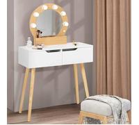 IDMarket - Coiffeuse scandinave 2 tiroirs HORIA Bois et Blanc avec Miroir LED