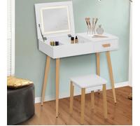 IDMarket - Coiffeuse scandinave Lisa Blanche Miroir Rabattable LED et Tabouret