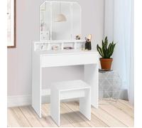 IDMarket - Coiffeuse Zelia 3 miroirs avec 4 niches, 1 tiroir et Tabouret, Blanc