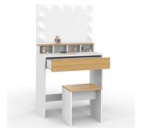 Coiffeuse ZELIA blanc et hêtre miroir LED avec 4 niches, 1 tiroir et tabouret Blanc