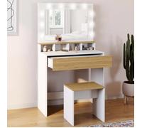 IDMarket - Coiffeuse Zelia Blanc et hêtre Miroir LED avec 4 niches, 1 tiroir et Tabouret