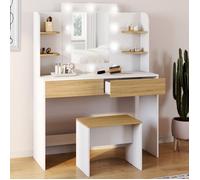 Coiffeuse zelia blanc et hêtre table de maquillage 4 étagères, miroir led et tabouret
