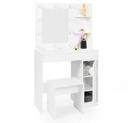 IDMarket Coiffeuse Zelia miroir LED 1 tiroir, étagères, caisson de rangement et tabouret Blanc