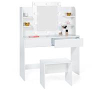 IDMarket – Coiffeuse Zelia blanche, 4 étagères, miroir LED et tabouret