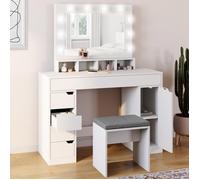 IDMarket - Coiffeuse Zelia Blanche Miroir LED avec 4 niches, 5 tiroirs, 1 Caisson de Rangement et Tabouret rembourré