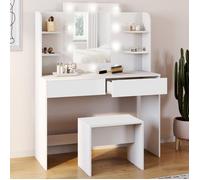 IDMARKET Coiffeuse ZELIA blanche table de maquillage 4 étagères, miroir LED et tabouret