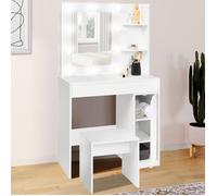 IDMarket - Coiffeuse Zelia Miroir LED avec 1 tiroir, étagères, Caisson de Rangement et Tabouret