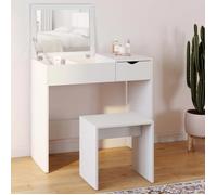IDMarket Coiffeuse Zelia miroir rabattable, 1 tiroir, 1 tabouret Blanc