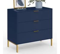 IDMarket - Commode 3 tiroirs BLENIA 80 cm Bleu Nuit et Finitions dorées