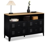 IDMarket - Commode 4 tiroirs Ester 115 cm métal Noir et Plateau façon hêtre avec Niche Design Industriel