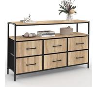 IDMarket - Commode 6 tiroirs en Tissu Utah 115 CM avec Niche Effet Lattes Meuble de Rangement Design Industriel