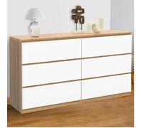 IDMarket – Commode TOMI XXL 6 tiroirs 140 cm bois façon hêtre et blanc