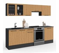 IDMarket - Cuisine complète 240 cm Subtil avec vitrine + Plan de Travail 7 éléments Noir et façon hêtre