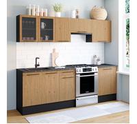 IDMARKET Cuisine complète 240 cm SUBTIL avec vitrine + plan de travail 7 éléments noir et façon hêtre