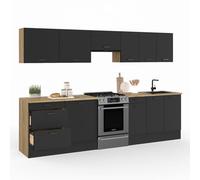 IDMarket - Cuisine complète 300 cm Subtil casserolier avec Plan de Travail | 9 éléments, bois et noir, plateaux bois