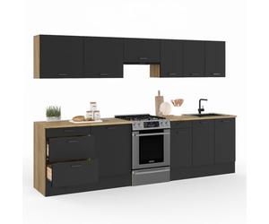 IDMarket - Cuisine complète casserolier 300 cm Subtil avec Plan de Travail 9 éléments Bois et Noir