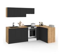 IDMarket Cuisine complète d'angle SUBTIL 400 cm – 7 éléments, plan de travail bois et noir