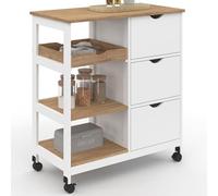 IDMarket - Desserte de cuisine MUNA avec plateau blanc et bois | Avec 3 tiroirs, 3 paniers et 1 plateau amovible, l.76 cm