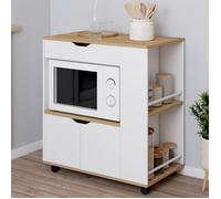 IDMARKET Desserte micro-onde de cuisine COSI placard avec tiroir et étagères à épices bois blanc et plateaux façon hêtre L.76 cm