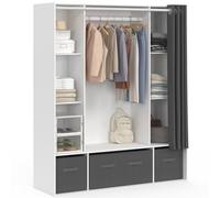 IDMarket - Dressing double penderie DIANE 140 x 45 x 167 cm blanc avec étagères + boites de rangement + rideau gris