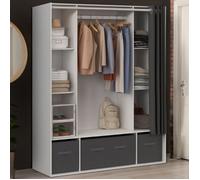 IDMarket - Dressing double penderie DIANE 140 x 45 x 167 cm blanc avec étagères + boites de rangement + rideau gris