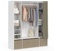 IDMarket - Dressing double penderie DIANE 140 x 45 x 167 cm blanc avec étagères + boites de rangement + rideau taupe