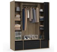 IDMarket - Dressing Double penderie Diane 140 x 50 x 172 cm hêtre avec étagères + boites de Rangement + Rideau Noir