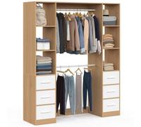 IDMarket - Dressing double penderie + double colonne L. 140 cm UPPAH | avec 6 étagères et 6 bacs en tissu bois et blanc
