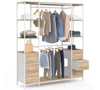 IDMarket - Dressing double penderie + double colonne L. 140 cm UTAH avec 6 étagères et 6 bacs en tissu bois et blanc