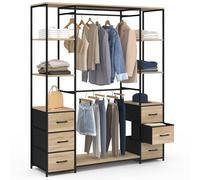 IDMarket - Dressing Double penderie Utah L. 140 cm Bois et Noir | Avec double penderie et double colonne avec 6 étagères et 6 bacs en tissu bois et noir