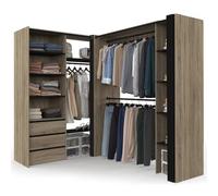 IDMarket - Dressing Extensible Angle Marlon 200 x 150 x 180 cm hêtre | Avec 3 penderies + 8 étagères + 3 tiroirs + 2 rideaux noirs