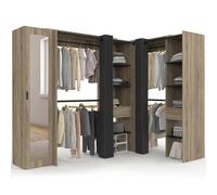 Dressing extensible d'angle MARLON 230 x 140 x 180 cm cm hêtre avec penderies + étagères + miroir + rideaux noirs