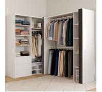 IDMarket - Dressing extensible d'angle MARLON 200 x 150 x 180 cm blanc avec penderies + tiroirs + étagères + rideaux gris